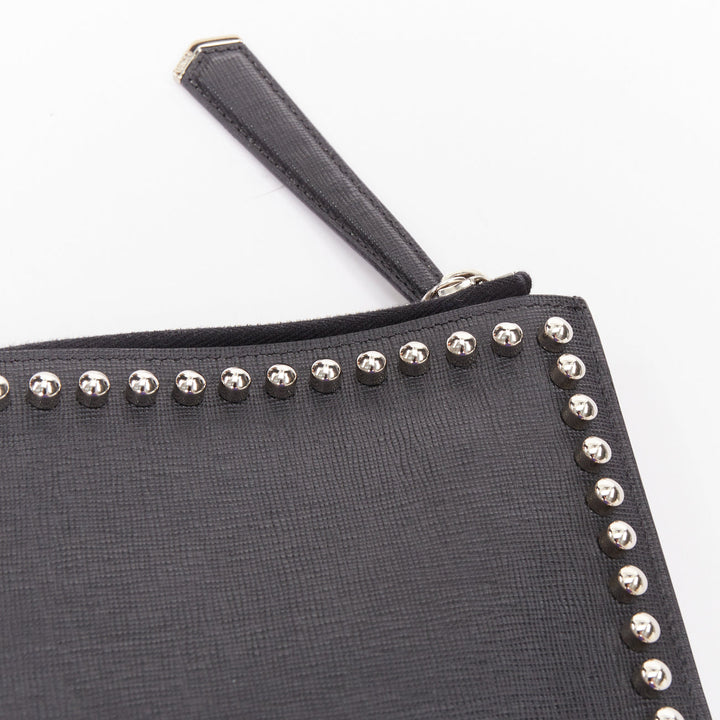 FENDI Karlito black mink fur white leather studded saffiano portfolio clutch bag