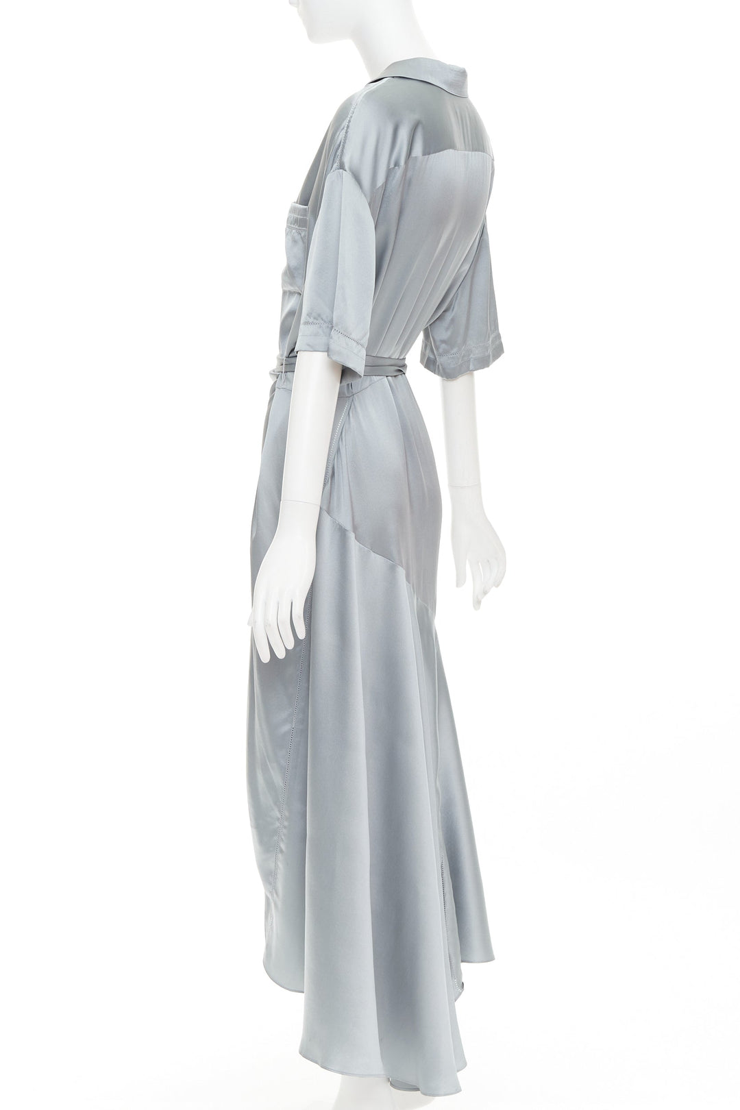 BURBERRY 100% silk steel blue button down wrap tie short sleeve dress UK8 S