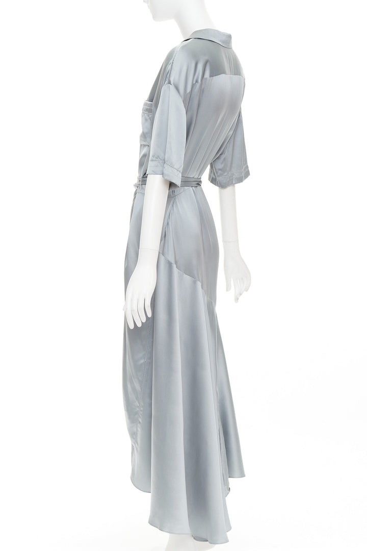BURBERRY 100% silk steel blue button down wrap tie short sleeve dress UK8 S
