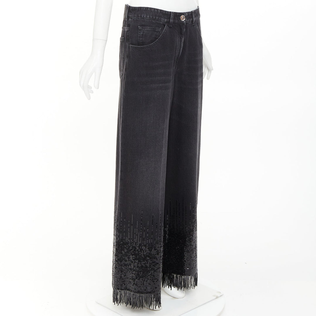 CHANEL 2025 Runway black washed denim sequin fringe wide leg jeans FR40 L