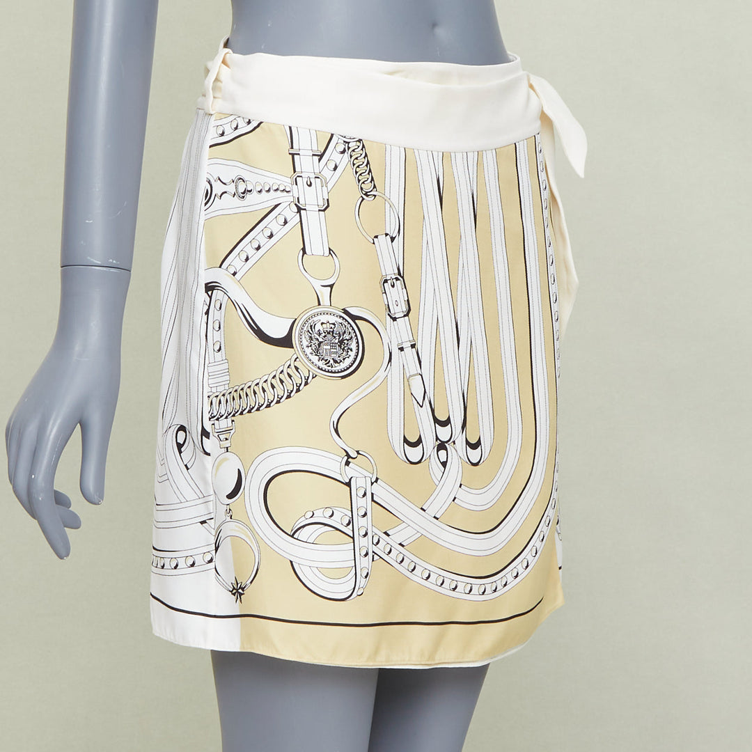 HERMES 100% silk Equestrian Bridle cream silk print wrap skirt FR36 S