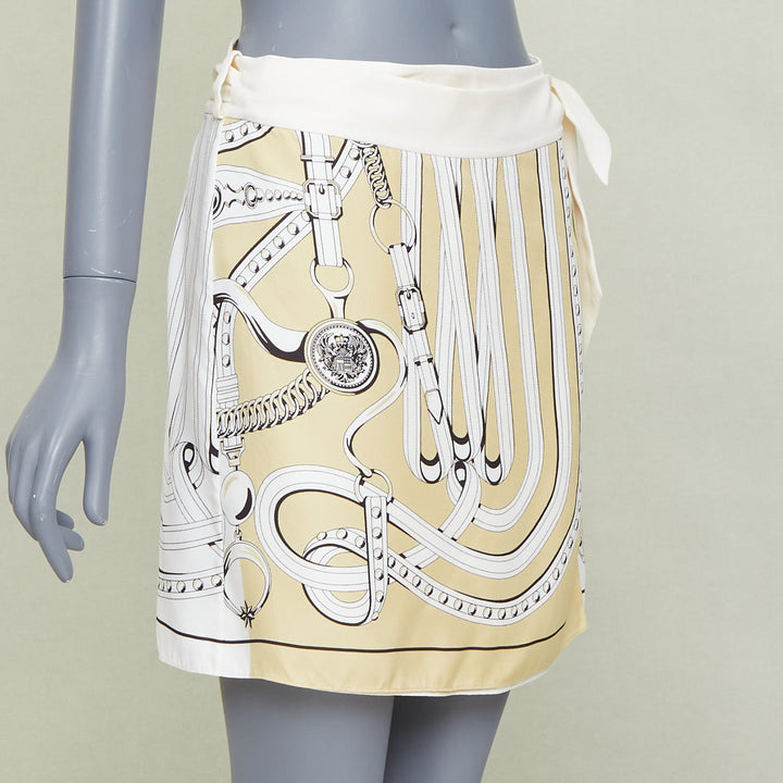 HERMES 100% silk Equestrian Bridle cream silk print wrap skirt FR36 S