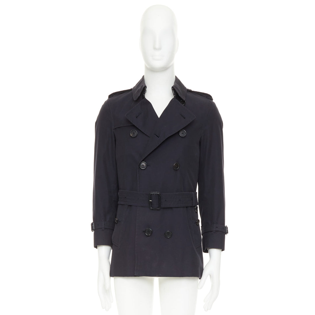 BURBERRY Prorsum 2011 black cotton twill leather trim belted trench coat EU46 S