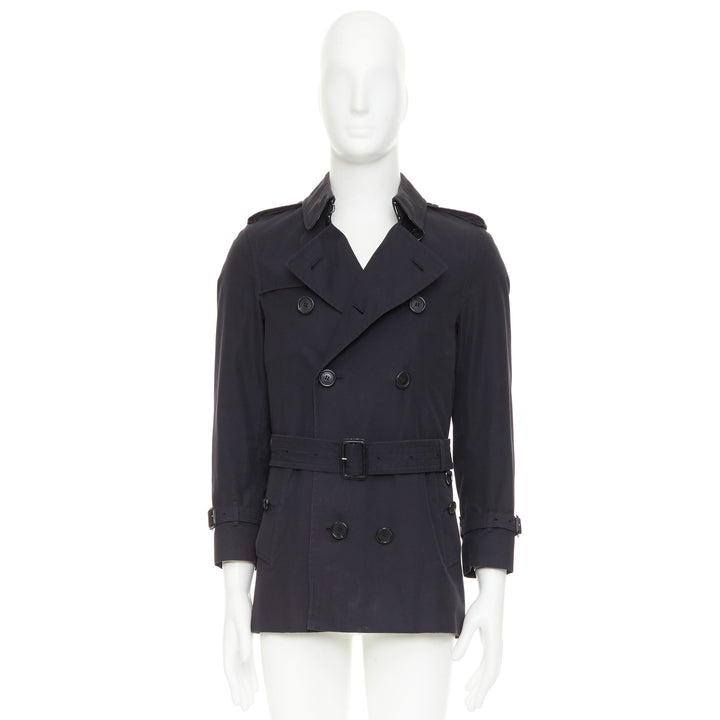BURBERRY Prorsum 2011 black cotton twill leather trim belted trench coat EU46 S