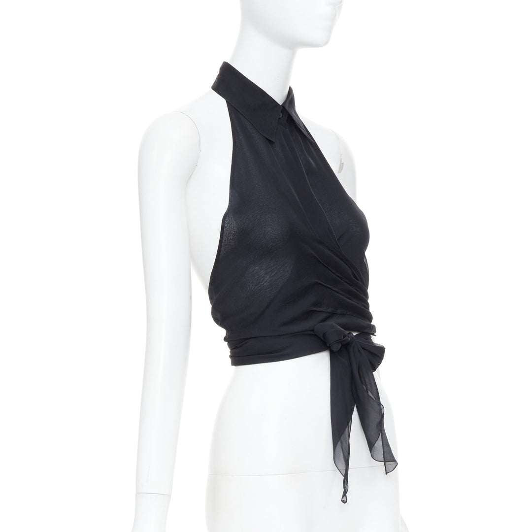 EMPORIO ARMANI black sheer silk chiffon halter wrap self tie top IT38 XS