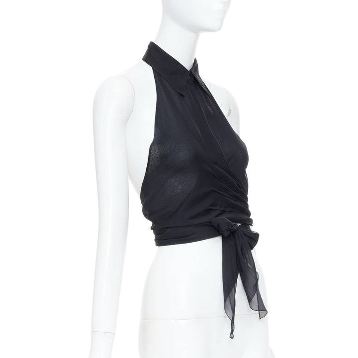 EMPORIO ARMANI black sheer silk chiffon halter wrap self tie top IT38 XS