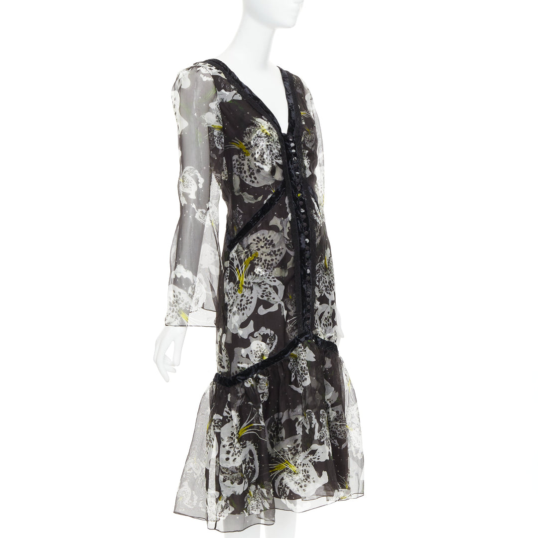 ERDEM 2016 Makayla black grey 100% silk floral back cut out  dress UK6 XS