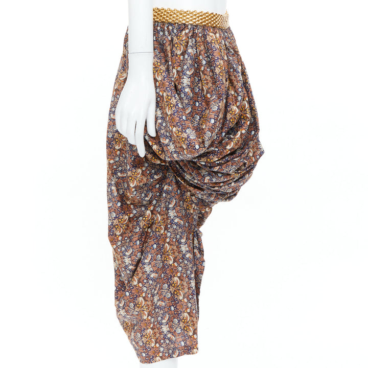 JUNYA WATANABE 2008 Runway brown navy floral gold chain draped skirt M