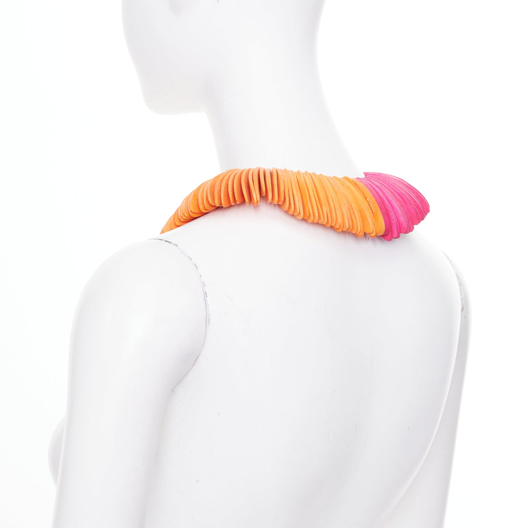 MONIES Gerda Lynggaard orange pink wood disc sculptural statement bib necklace