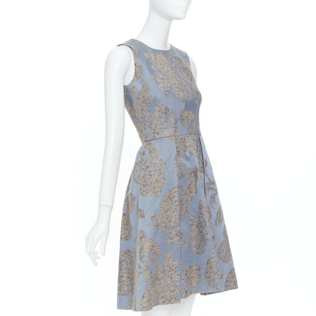 OSCAR DE LA RENTA F07 grey gold floral cotton flax jacquard dress US2 S