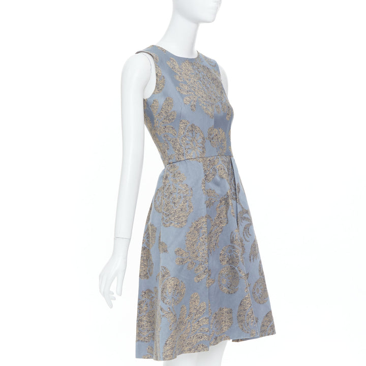OSCAR DE LA RENTA F07 grey gold floral cotton flax jacquard dress US2 S