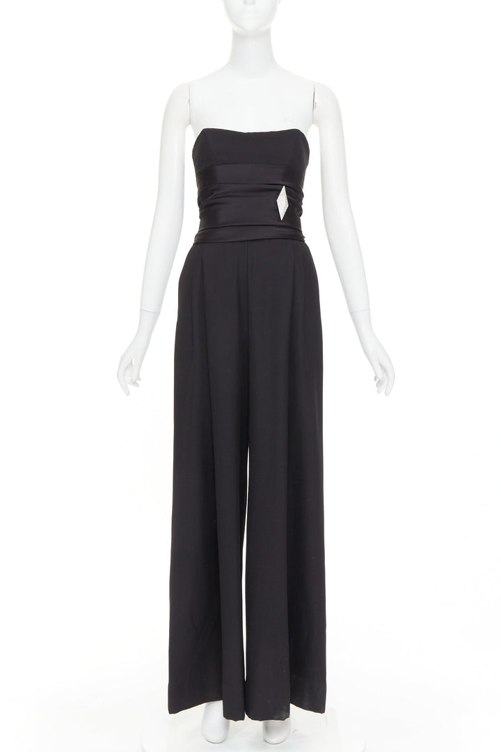 ALEXANDRE VAUTHIER COUTURE black crystal pave brooch strapless wide leg jumpsuit