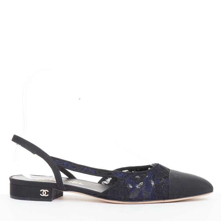 CHANEL navy black lace silver CC logo lace grosgrain slingback ballet flat