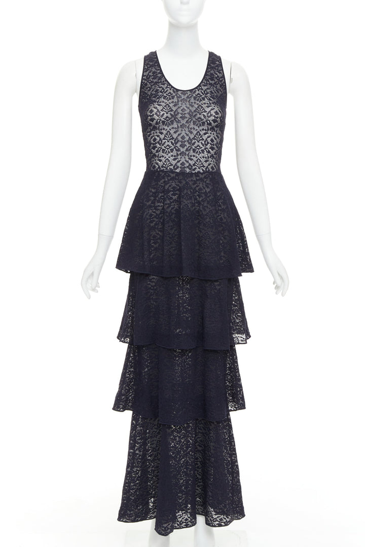 STELLA MCCARTNEY navy sheer floral lace layered tier dress IT40 S