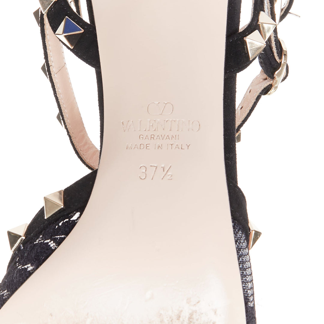 VALENTINO Rockstud black lace mesh suede gold stud pointy cage pumps EU37