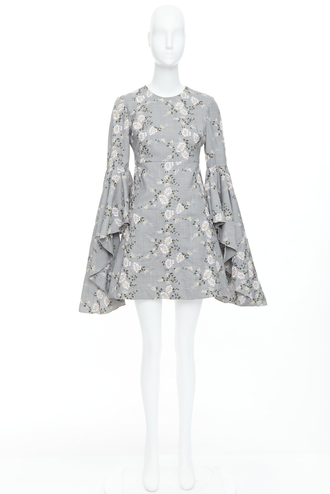 GIAMBATTISTA VALLI grey wool floral embroidery cascade bell sleeve dress IT38 XXS