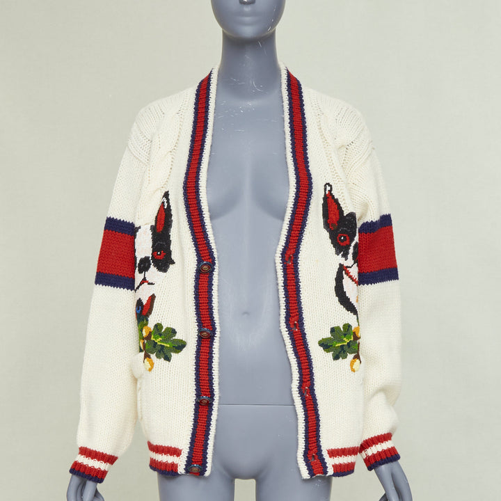 GUCCI 2018 Bosco Orso Year of Dog red cream wool needlepoint knit cardigan XXS