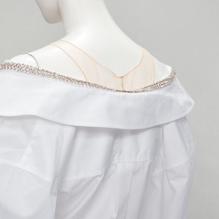 ALEXANDER WANG nude yoke white crystal embellished off shoulder cropped shirt S