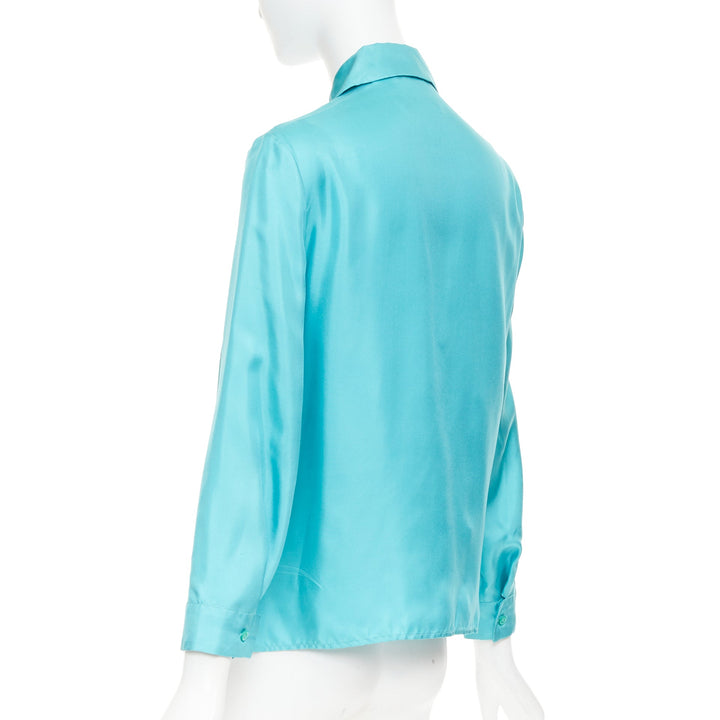 PRADA 2015 100% silk turquoise blue wide collar pocketed button-up shirt IT38 XS