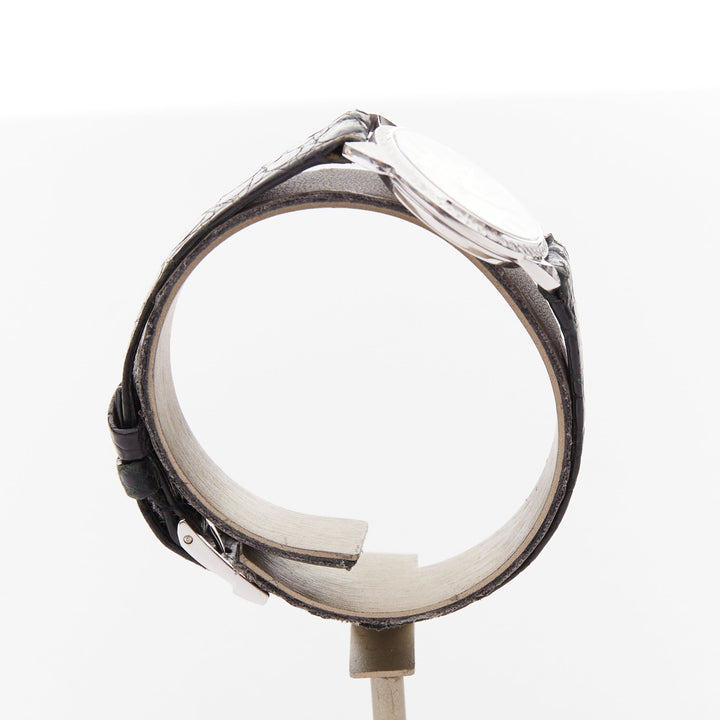 PIAGET Vintage Sunburst Possession silver face black leather logo belted watch