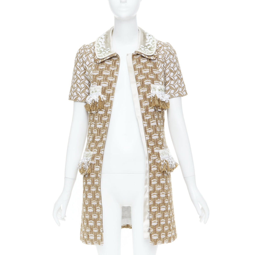 LOUIS VUITTON 2013 tan boucle tweed sequin fringe collar zip front dress FR40 L