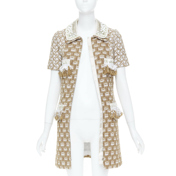 LOUIS VUITTON 2013 tan boucle tweed sequin fringe collar zip front dress FR40 L