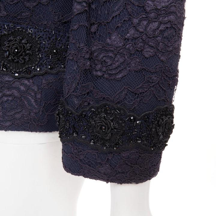 ESCADA Vintage navy lace floral bead embellished collar cropped jacket FR44 2XL