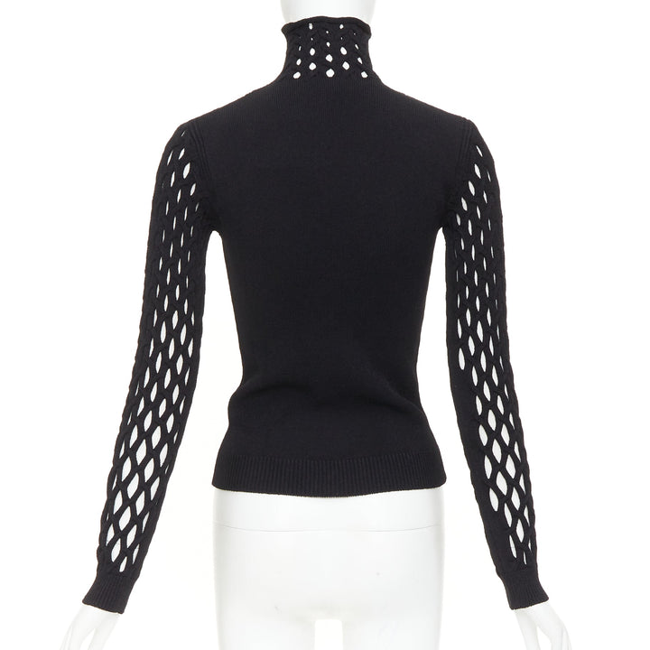 VALENTINO Piccioli 2021 black diamond lattice open-work knit turtleneck  M
