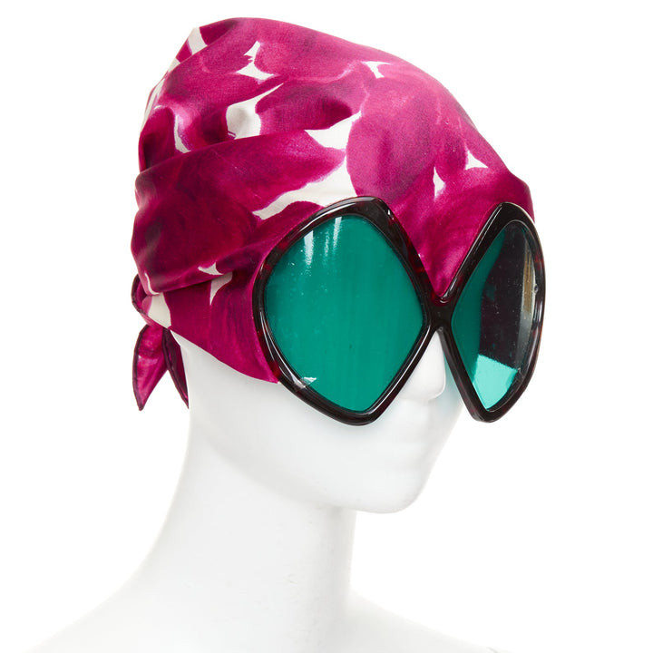 rare PRADA 2025 Runway bug eye green lens floral silk headscarf sunglasses