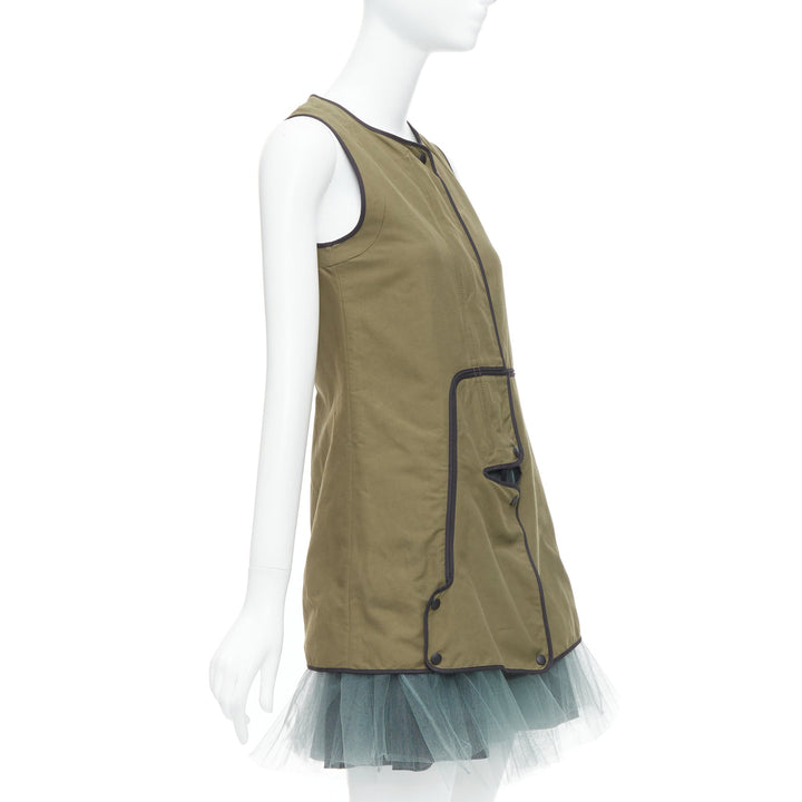 MARNI 2011 khaki utility cutout vest green tulle hem mini dress IT36 XXS