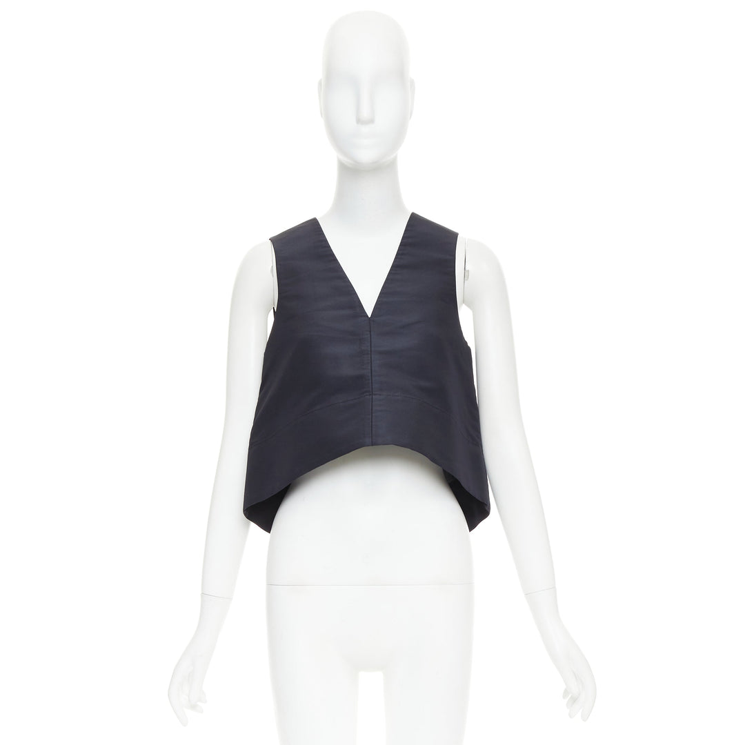 TIBI navy silk faille silver buckle strap back V neck crop top US0 XS