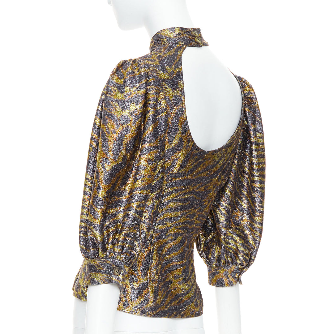 GANNI gold metallic tiger lurex lame puff sleeve cut out top FR36 S