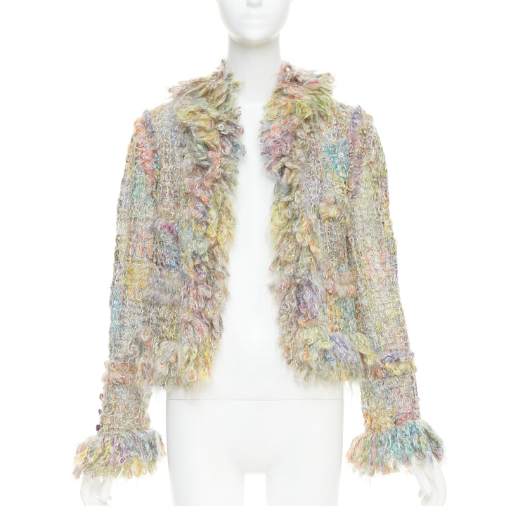 rare CHANEL 03A Runway multicolor fluffy mohair boucle tweed jacket FR42 XL