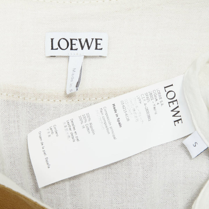 LOEWE white cotton brown suede logo anagram lambskin collar tunic shirt S