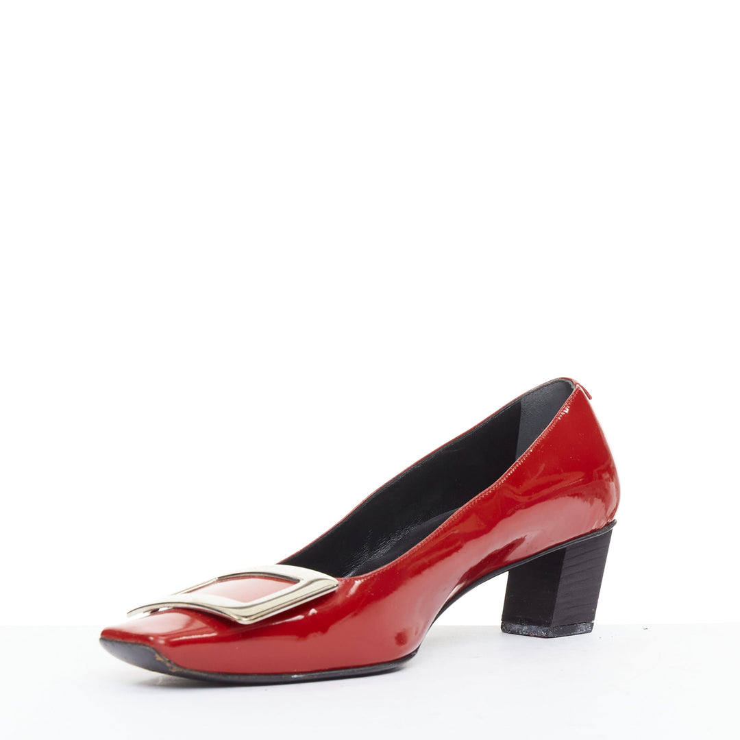 ROGER VIVIER Belle Vivier red patent leather square buckles heel pumps EU36.5