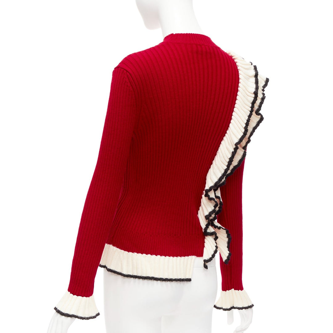 MSGM red wool blend white ruffle trim flared cuff ribbed knit sweater top XS