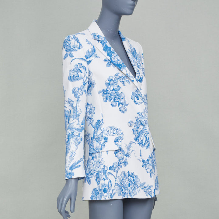 OSCAR DE LA RENTA R19 ivory blue floral toile silk blend blazer jacket US0 XS