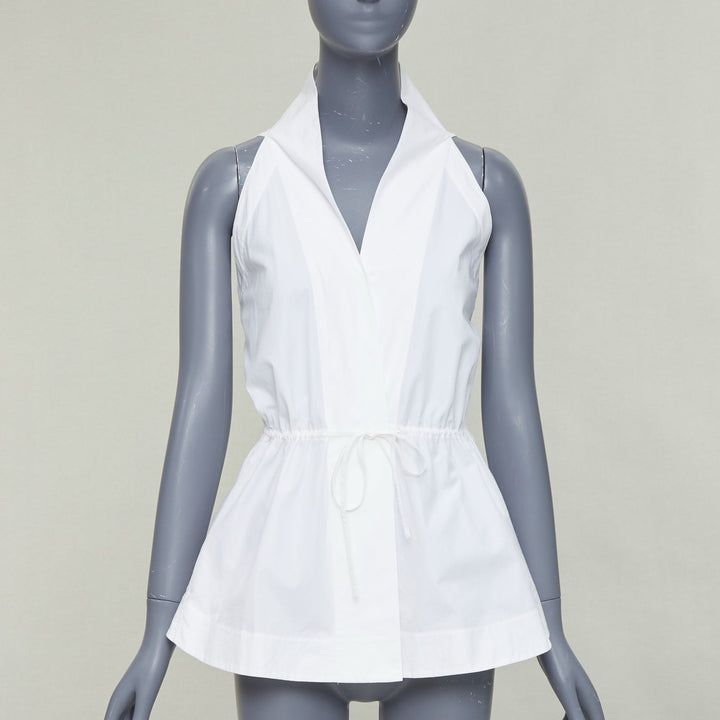 ALAIA off white cotton drawstring tie waist halter shirt top FR36 S
