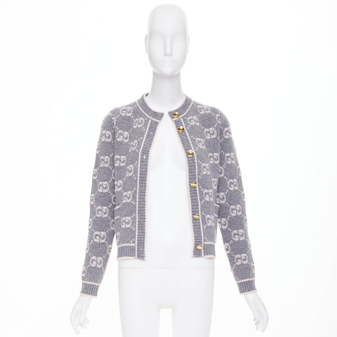 GUCCI 2021 grey cream GG Supreme jacquard boucle wool cardigan jacket IT40 S
