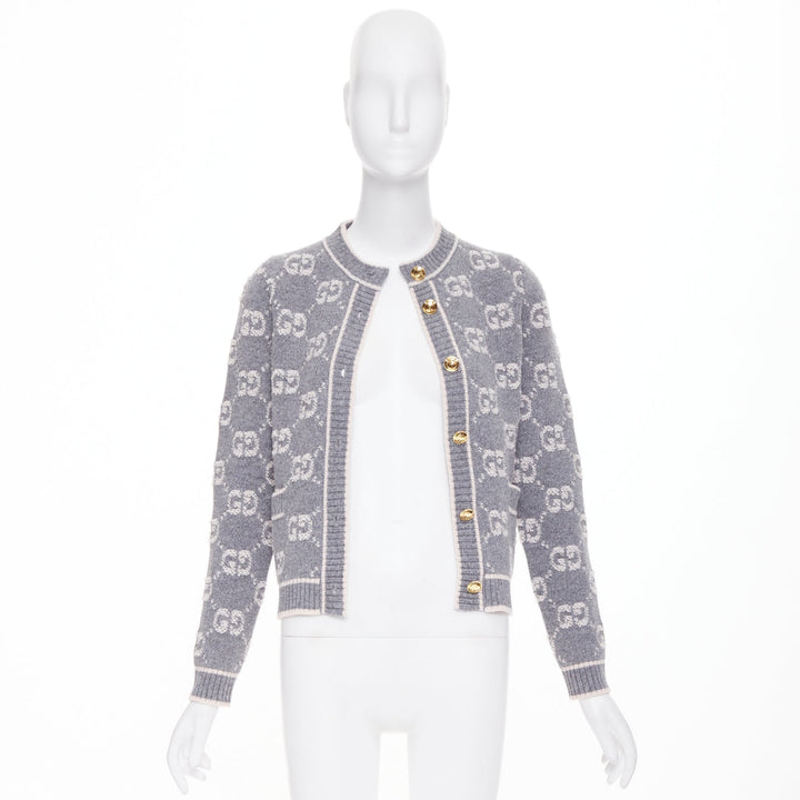 GUCCI 2021 grey cream GG Supreme jacquard boucle wool cardigan jacket IT40 S