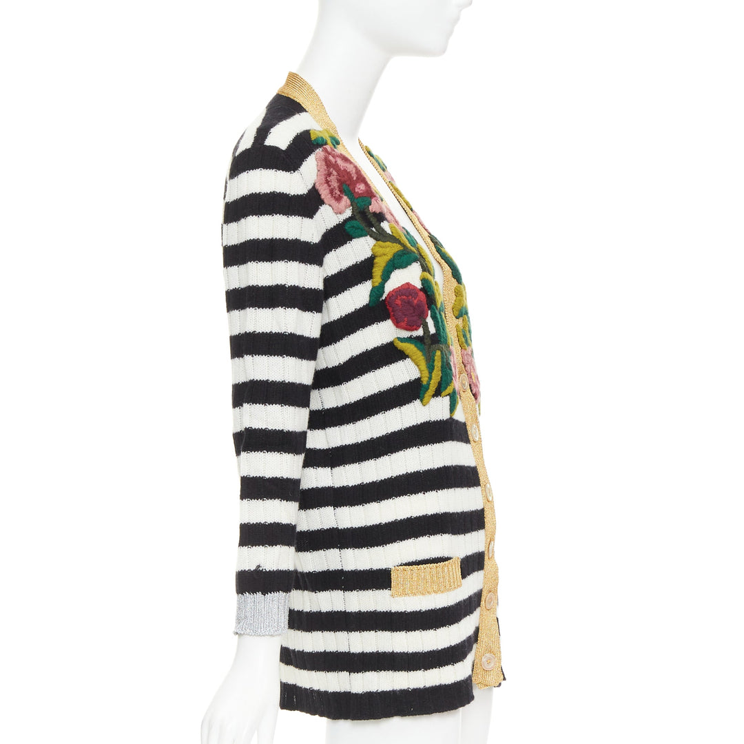 GUCCI Michele black white cashmere wool flower embroidered gold cardigan XXS