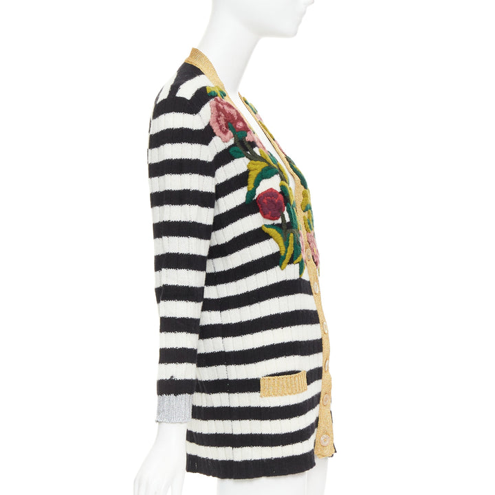 GUCCI Michele black white cashmere wool flower embroidered gold cardigan XXS