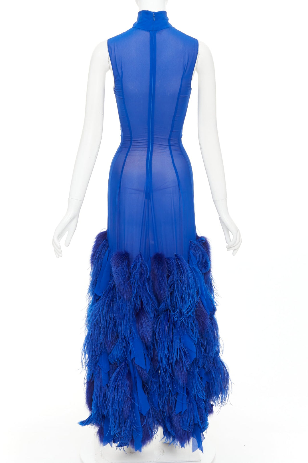 rare ALEXANDRE VAUTHIER COUTURE 2022 Runway Lemarie blue feather fur sheer dress