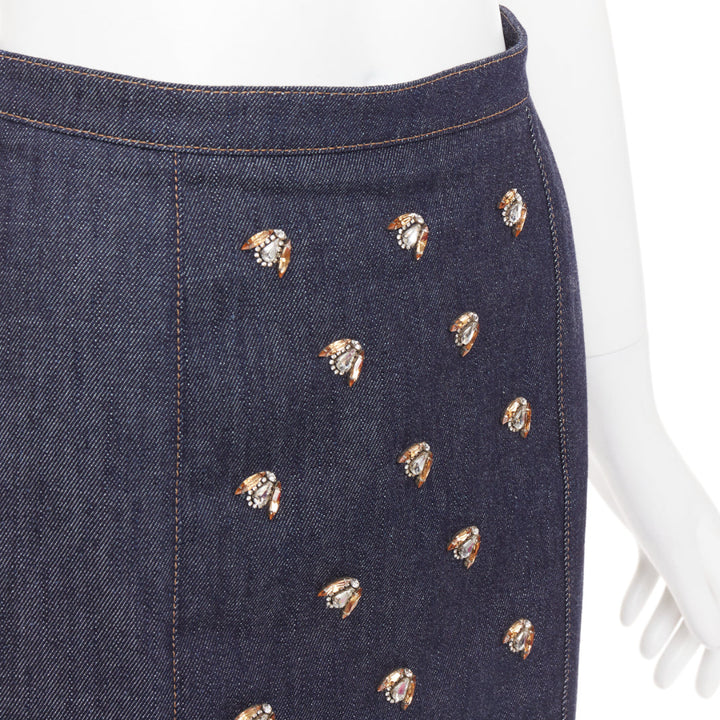 CHRISTIAN DIOR indigo blue denim glass metal bead embellished midi skirt FR36 S