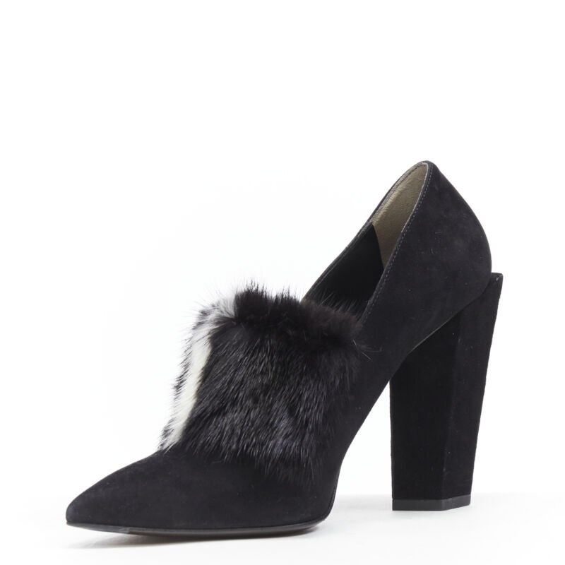 FENDI black suede black white mink fur front point toe chunky heel pump EU37.5