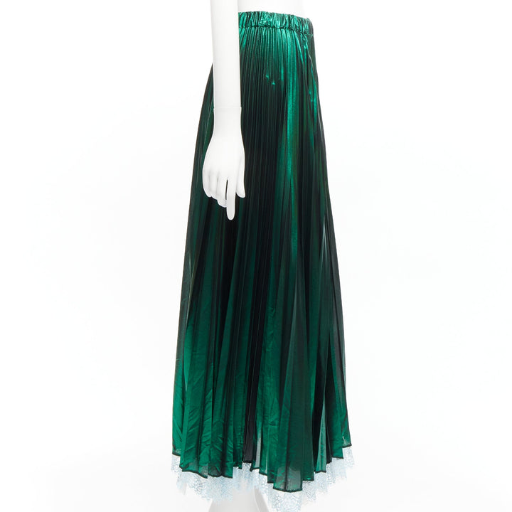 ANAIS JOURDEN metallic green lurex blue lace hem plisse pleated skirt FR38 M