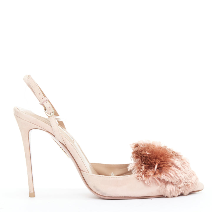 AQUAZZURA Powder Puff blush pink pompom slingback pumps EU36