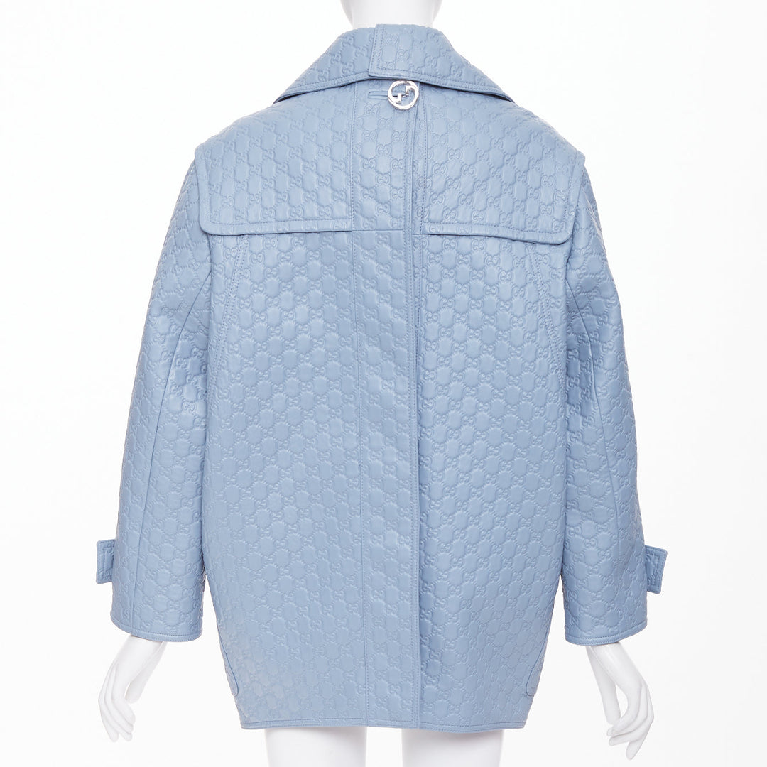 GUCCI 2024 Runway All Over Embossed GG Button Split Back blue leather coat IT38