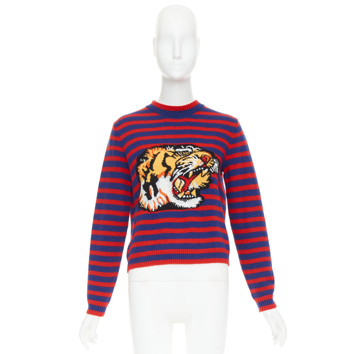 GUCCI 2017 Runway wool red blue stripe Tiger Head intarsia crew sweater XS