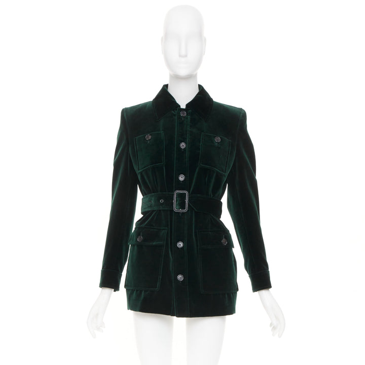 SAINT LAURENT 2025 Saharienne emeraude green belted cotton velvet jacket FR34 XS